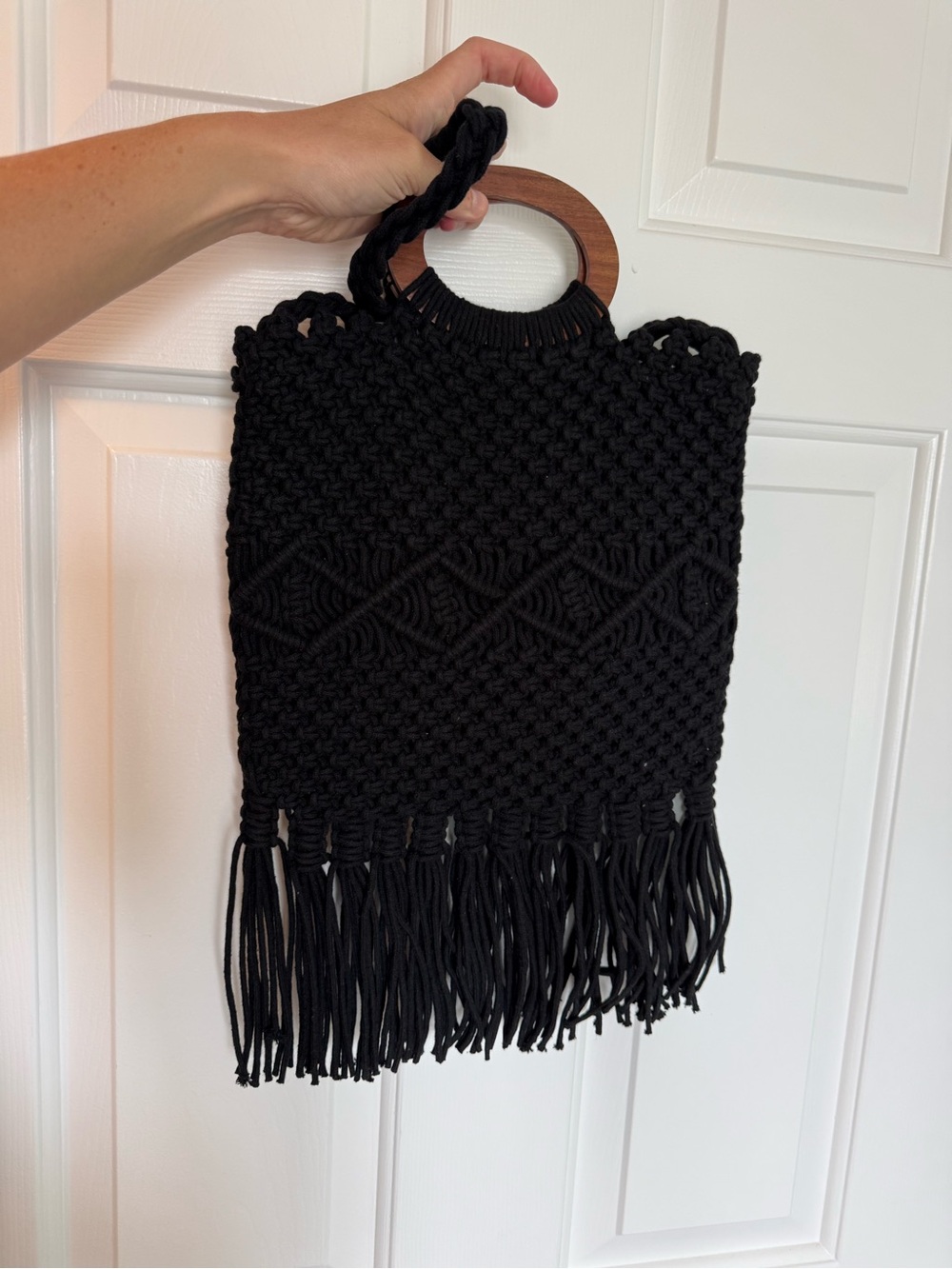 Danielle Nicole Black Macramé Fringe Hobo with Wooden Handles